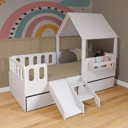 Cama Casinha com Telhado 02 Gavetas Kit Escada e Grades Anatômica Branco Megamobilia - 1