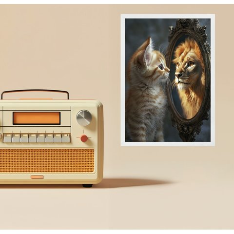 Quadro Motivacional Gatinho Espelho Leão 24x18cm:moldura Branca