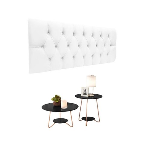 Conjunto Cabeceira Painel Estofada Capitonê 140 cm Branco Paris e Mesa de Centro e Apoio Liz