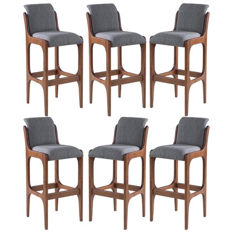 Kit 6 Banquetas Alta Irlanda 45 x 101 Cm Madeira Maciça Imbuia Linho Cinza L55