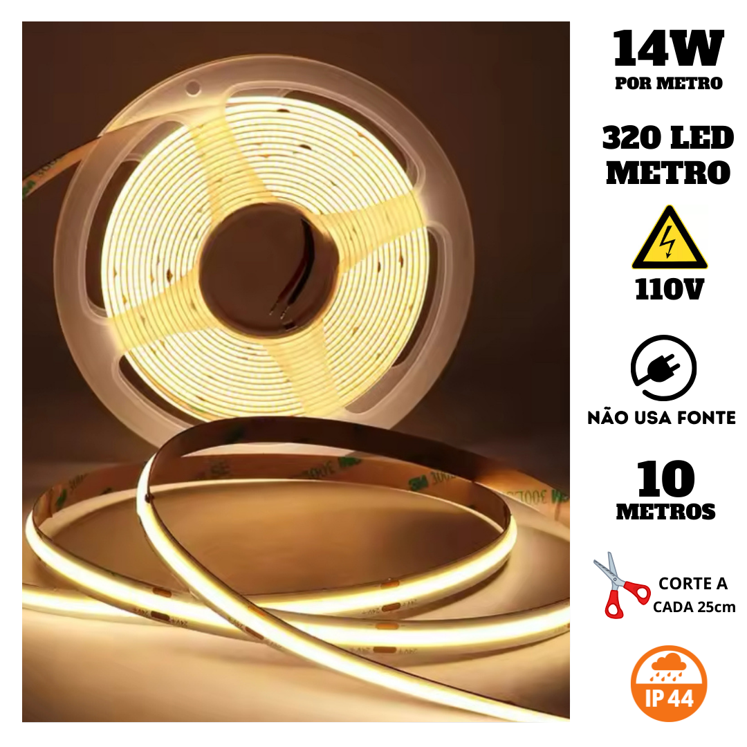 Fita Cob 320 Led's 10 Metros Ip44 110v 14w 3000k Liga Direto - 2