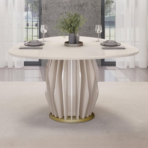 Mesa de Jantar 6 Lugares Orgânica Tampo com Vidro 136cm Merisi D05 Off White - Lyam Decor
