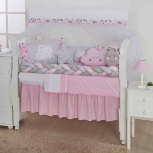 JOGO DE BERÇO KIT COMPLETO 12 PÇS PARA PRÍNCIPES E PRINCESAS COM PROTETOR SAIA E MOSQUITEIRO - NUVEM