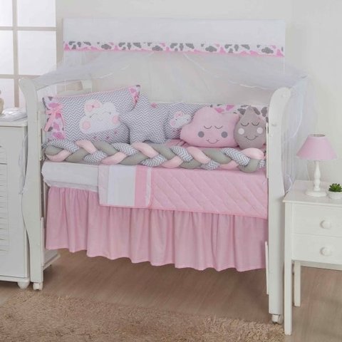 JOGO DE BERÇO KIT COMPLETO 12 PÇS PARA PRÍNCIPES E PRINCESAS COM PROTETOR SAIA E MOSQUITEIRO - NUVEM