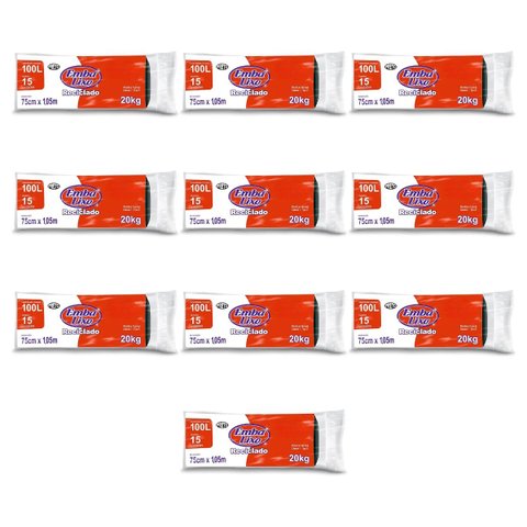 Kit 10 Pacotes Sacos de Lixo Preto Reciclado Resistente Reforçado 100 Litros 75cm x 105cm Pacote com