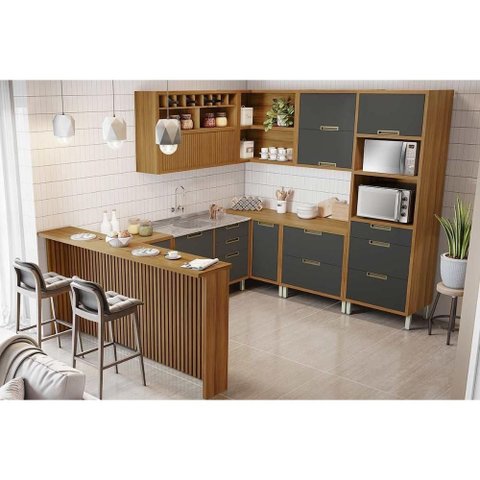 Cozinha Modulada Nesher Imperatriz 9 Peças (3aéreos+4balcões+1torrequente+1ilha) C9p62 Freijo/