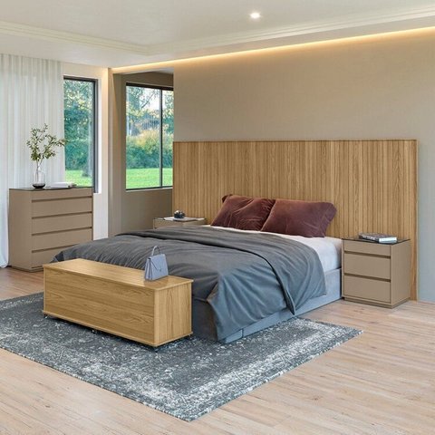 Conjunto Cabeceira Florença Queen/Casal + Cômoda + Mesa de Cabeceira+ Baú Cinza/Hannover/Fendi
