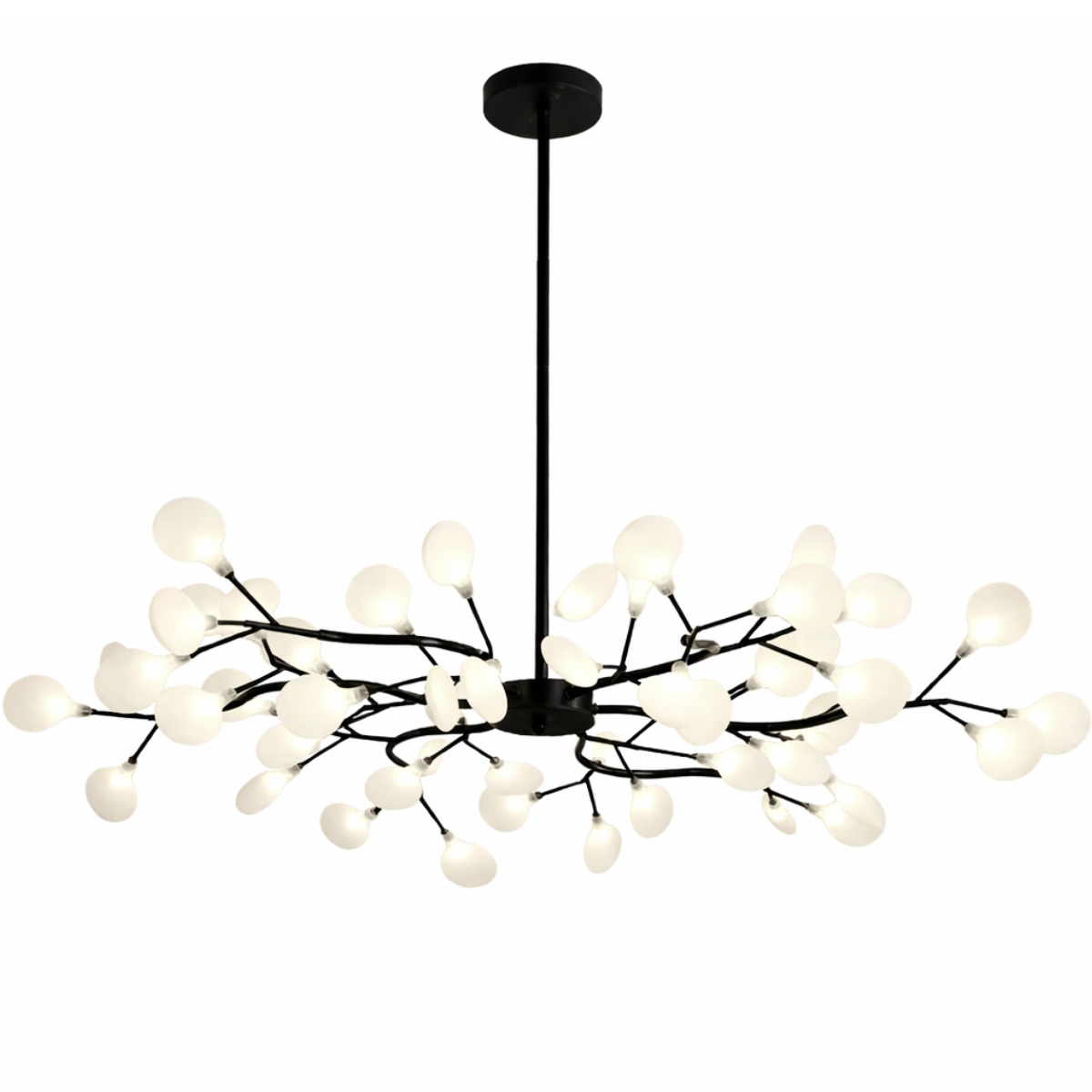 Lustre Teto 110cm Ramos de Árvore 54 Leds Luminária Metal Preto Pétalas Gimpo Ra54b