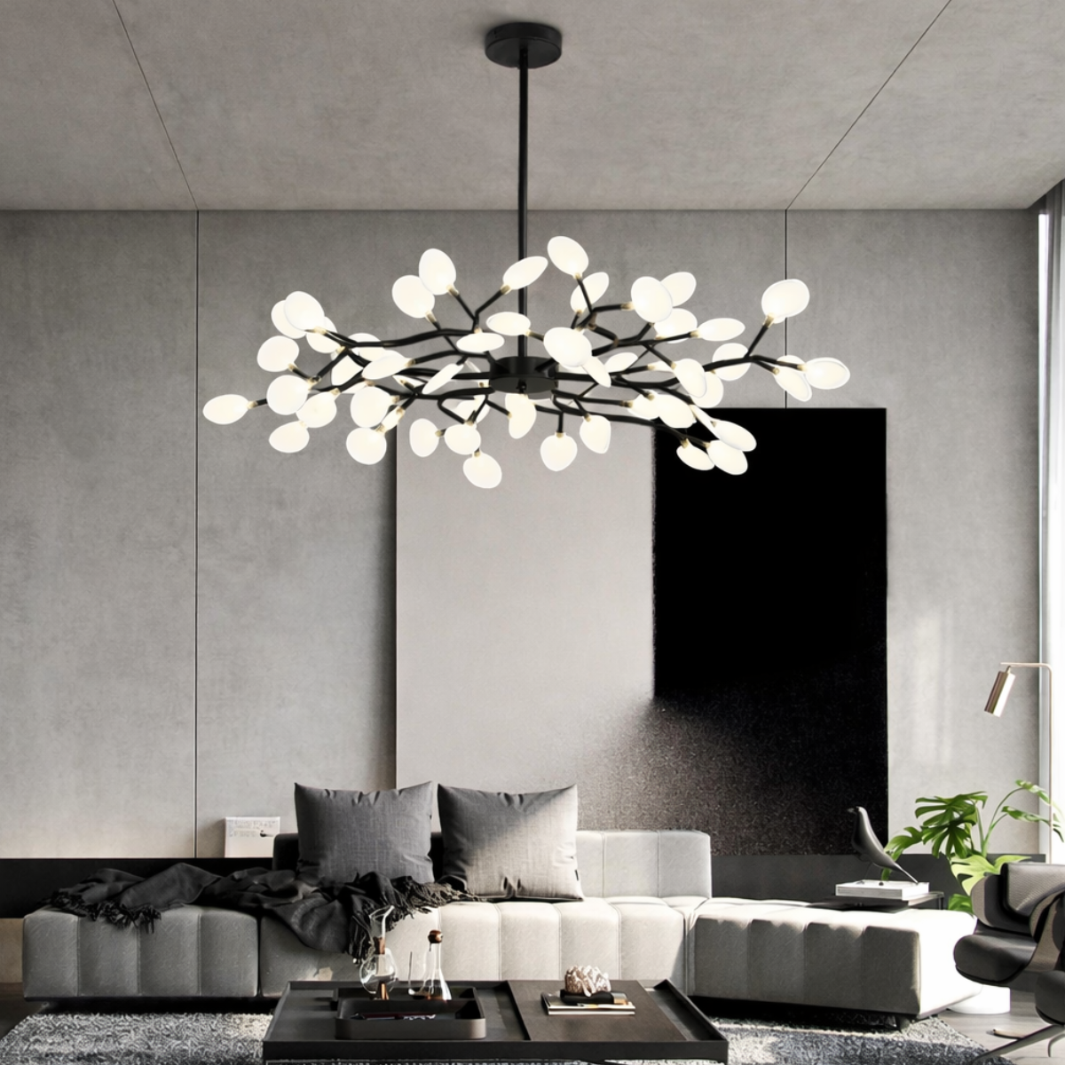 Ver imagem 2 de Lustre Teto 110cm Ramos de Árvore 54 Leds Luminária Metal Preto Pétalas Gimpo Ra54b