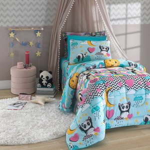 Jogo de Cama Infantil Solteiro 3 peças Estampado em Malha 100% Algodão Vivaldi Love Panda Sul Brasil