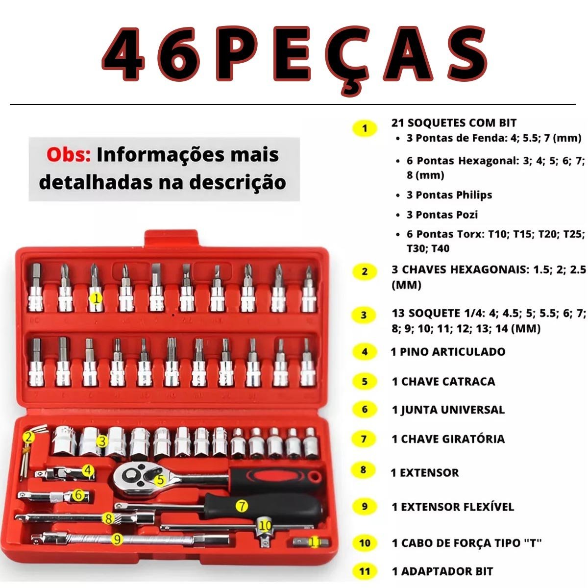 Jogo de Ferramentas Chaves 46 Peças Maleta Catraca Soquete Bits Encaixe Multiuso Portatil Manual Ofi - 4