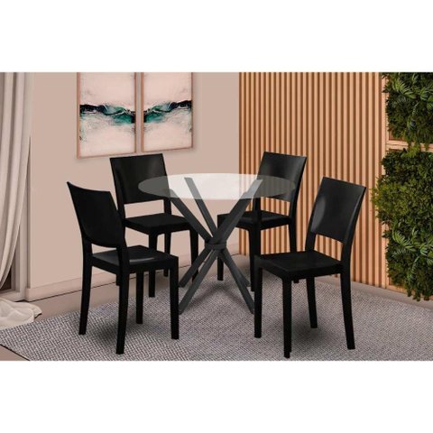 Sala de Jantar Completa Volga C/ Tampo de Vidro 95x95cm e 4 Cadeiras Hydra Plus Preto - Kappesberg