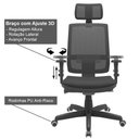Ver imagem 4 de Cadeira Presidente Brizza Tela Apoio de Cabeça Ergonômica Back System Autocompensador 3D Preta