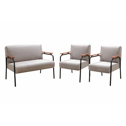 Kit Namoradeira + 2 Poltronas Jade Braços Metal Decoração Recepção Sala - Veludo Capuccino