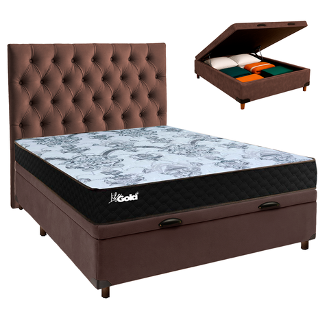 Cama Box Bau + Colchão Casal Molas Ensacadas Life Gold Paropas + Cabeceira Estofada
