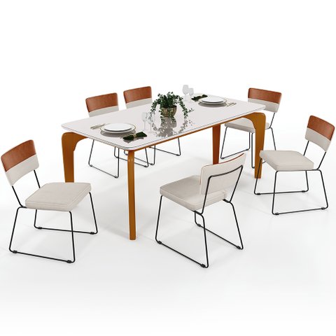 Mesa Capri 160 Cm Off White com 6 Cadeiras Allana B05 Faixa Couríssimo Camel Linho Cru - Lyam