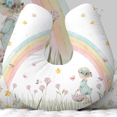 Almofada de Amamentação Travesseiro Menina Arco-íris Floral Comborboletas