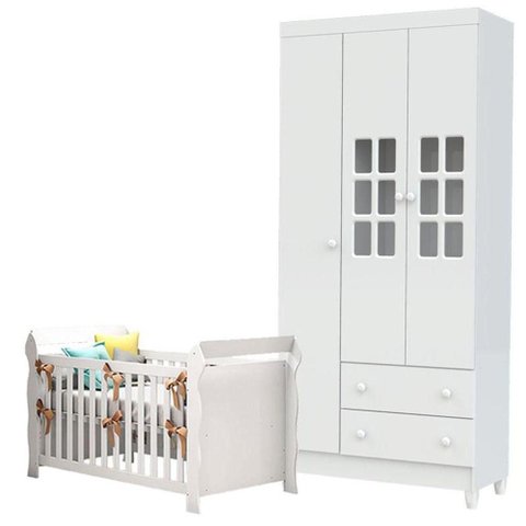 Berço Lara e Guarda Roupa Infantil 3 Portas Mariah Branco Brilho - Carolina