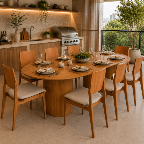 Conjunto Mesa Oval 180x90cm MDF 8 Cadeira Madeira Maciça Sala Jantar Capri Rustico Orgânico:Linho Be