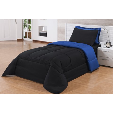 Kit Edredom Solteiro 4 Peças Pérola Preto/royal