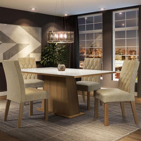 Conjunto Sala de Jantar Mesa Tampo de Vidro 4 Cadeiras Rustic/branco/imperial Aryeli Madesa