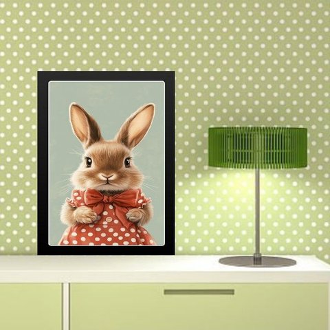 Quadro Coelhinha Vestido Poá Vermelho 33x24cm - com Vidro:moldura Preta