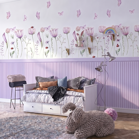 Kit Adesivo Meia Parede Efeito Ripado + Adesivo Jardim Floral Divertido Decoração para Quartos