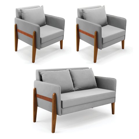 Kit 1 Sofá Namoradeira e 2 Poltronas Lana Suede Cinza Base de Madeira - D'Rossi Almeida Martins