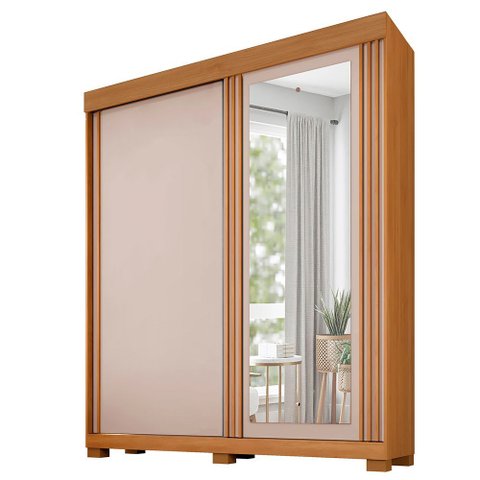 Guarda Roupa 2 Portas de Correr com Espelho 3 Gavetas Mônaco Benetil Cinamomo/off White