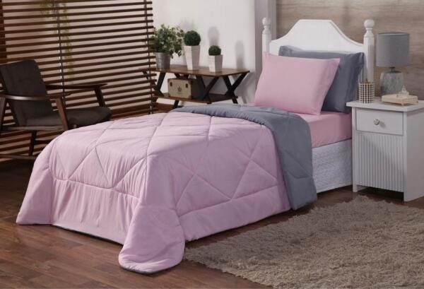 Kit 04 Edredom+Lençol Ternura Dupla Face Solteiro Rosa Cinza