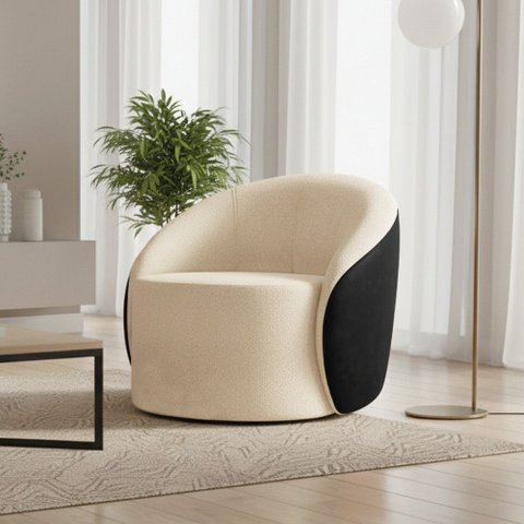 Poltrona Sala Orgânica Lua Giratória Sintético Pu Preto/bouclê Bege D03 - D’Rossi