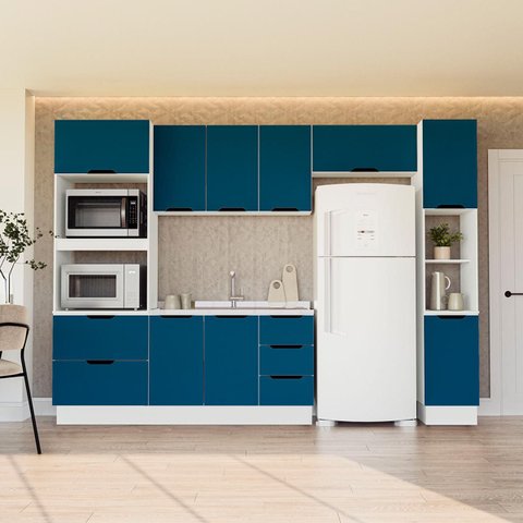Cozinha Meena 5 Peças Armários Aéreos Torre Quente Paneleiro Balcão Rodapé Branco/Azul 250062