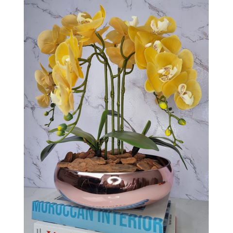 Arranjo Com 4 Orquídeas Amarela Vaso Rose 28cm