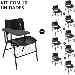 Kit 10 Cadeiras Universitárias Preta com Porta Livros Prancheta Plástica - 1