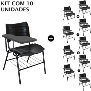 Kit 10 Cadeiras Universitárias Preta com Porta Livros Prancheta Plástica