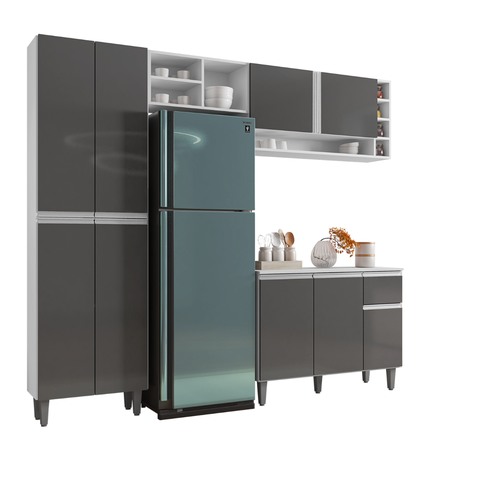 Armário de Cozinha Florença Branco 5 Portas e Nichos Moderno:Cinza/Branco