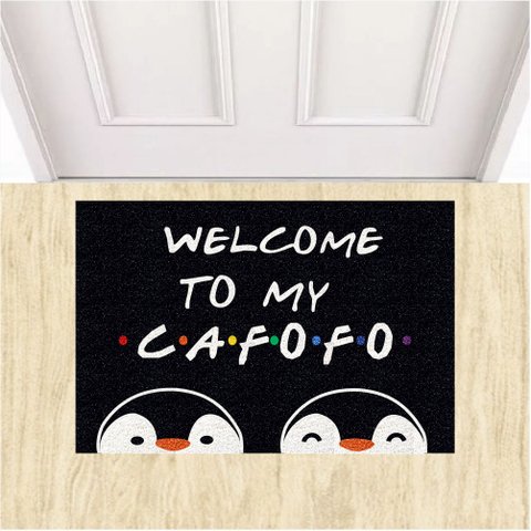 Tapete Capacho Divertido Welcome To My Cafofo Pinguins Lgbt.:preto