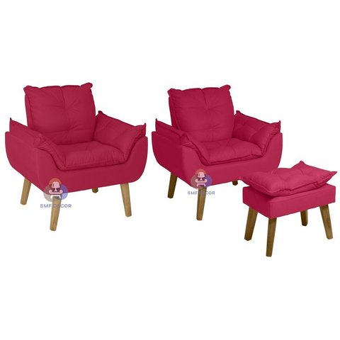 Kit 02 Poltrona/cadeira Decorativa e Puff Glamour Vermelho com Pés Quadrado Vermelho