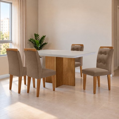 Conjunto Sala de Jantar Mesa Moscou Tp Vidro Canto Copo com 4 Cadeiras Valentina