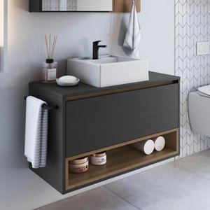 Gabinete de Banheiro Suspenso 80cm com 1nicho 1toalheiro 1porta Bh8060 Mel/grafite com Cuba