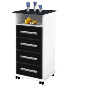 Aparador Gaveteiro Aç; 4 Gavetas com Rodinhas Balcão Cor Branco com Preto Marmorizado Passe