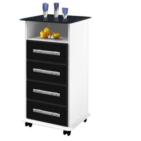 Aparador Gaveteiro Aç; 4 Gavetas com Rodinhas Balcão Cor Branco com Preto Marmorizado Passe