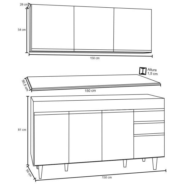 Armário Aéreo Argélia e Balcão Gabinete de Pia com Tampo Marrocos 150cm Branco - Lumil - 5