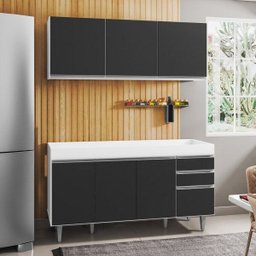 Armário Aéreo Argélia e Balcão Gabinete de Pia Marrocos 150cm Branco/Preto - Lumil - 2