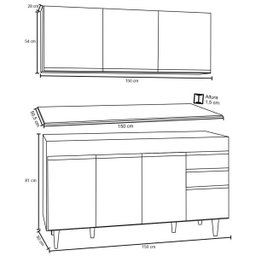 Armário Aéreo Argélia e Balcão Gabinete de Pia com Tampo Marrocos 150cm Branco/Castanho - Lumil - 5