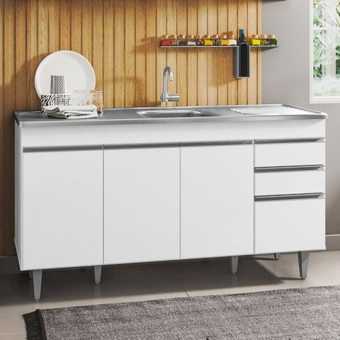 Balcão Gabinete com Pia Inox 150cm 4 Portas 2 Gavetas Marrocos Branco - Lumil