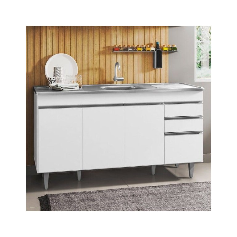 Balcão Gabinete com Pia Inox 150cm 4 Portas 2 Gavetas Marrocos Branco - Lumil