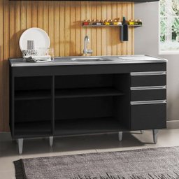 Balcão Gabinete com Pia Inox 150cm 4 Portas 2 Gavetas Marrocos Preto - Lumil - 3