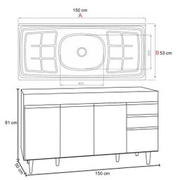 Balcão Gabinete com Pia Inox 150cm 4 Portas 2 Gavetas Marrocos Preto - Lumil - 5