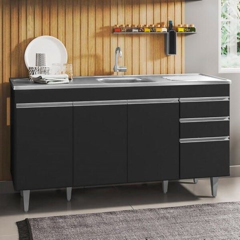 Balcão Gabinete com Pia Inox 150cm 4 Portas 2 Gavetas Marrocos Preto - Lumil